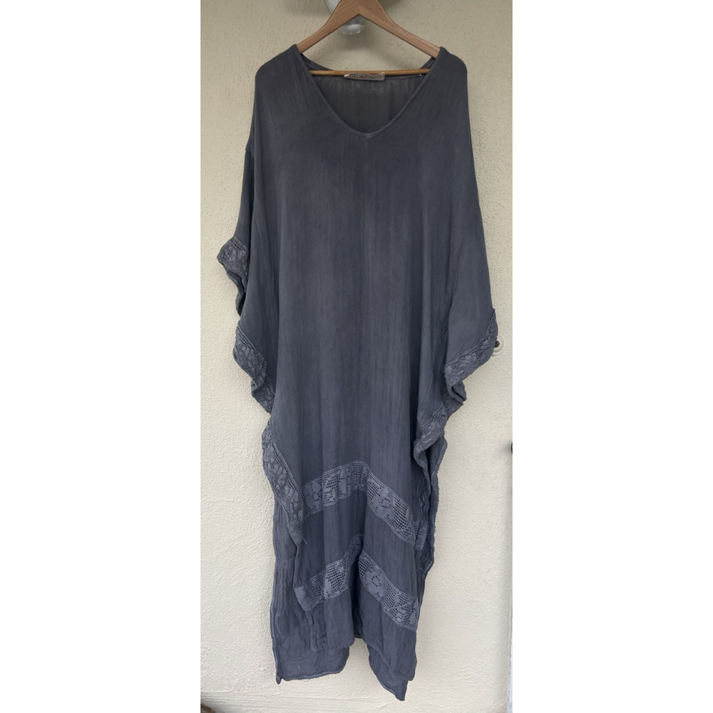Jen’s Pirate Booty Charcoal Gray Caftan Tunic Dress Bohemian Flowy Resort Small - Picture 2 of 9